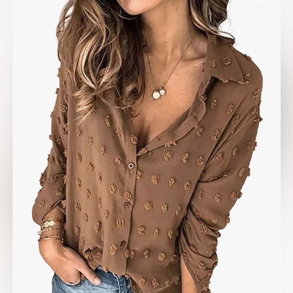 Tan button up blouses size large, never worn.